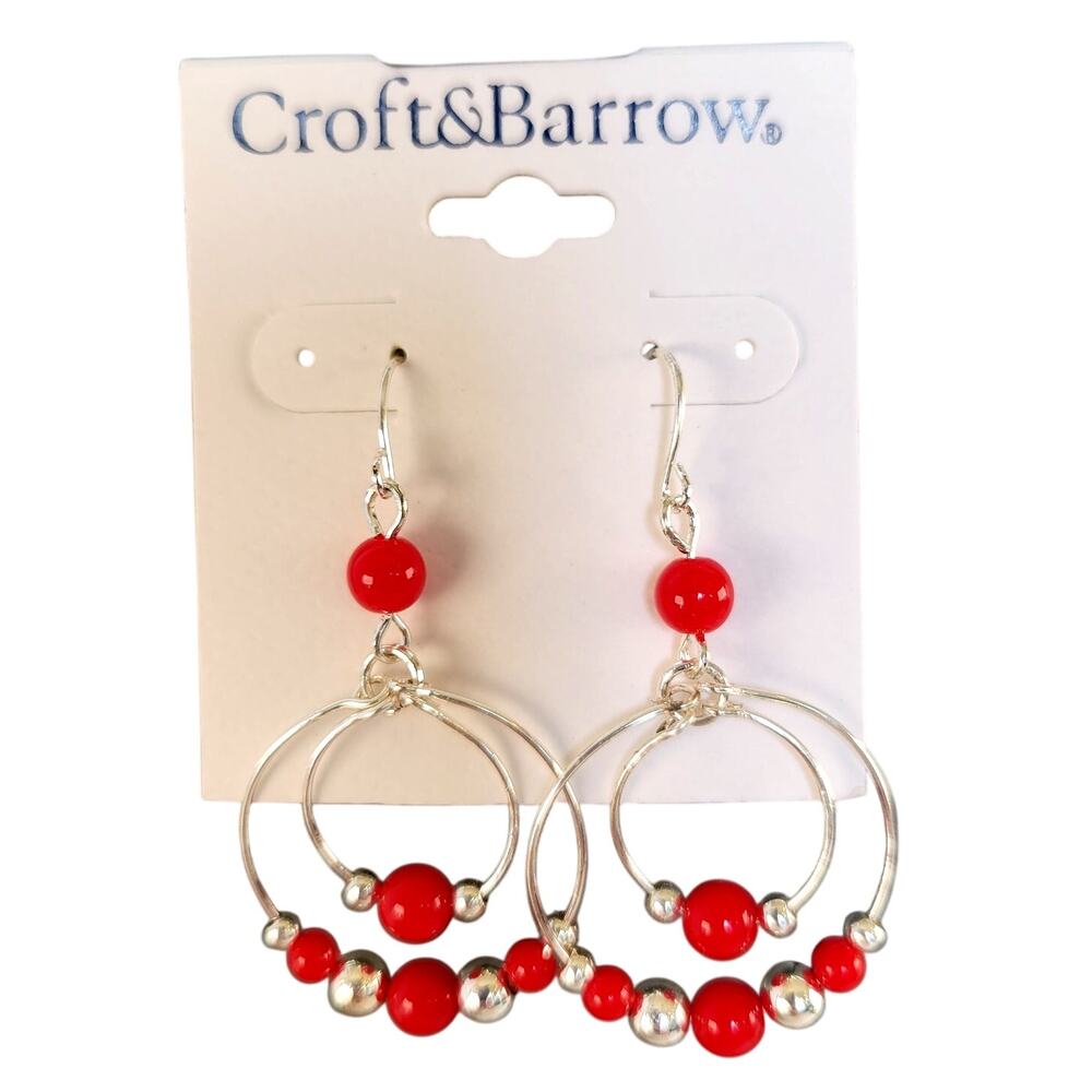 Croft & Barrow Hoop Dangle Earrings Red Silver Beads 2in Beaded Free Gift Bag